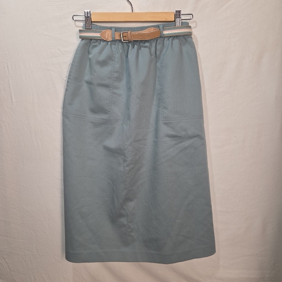 parcours Dresses & Skirts - Vintage Muted Blue Skirt With Leather Accent Belt Parcours Made In Canada Small